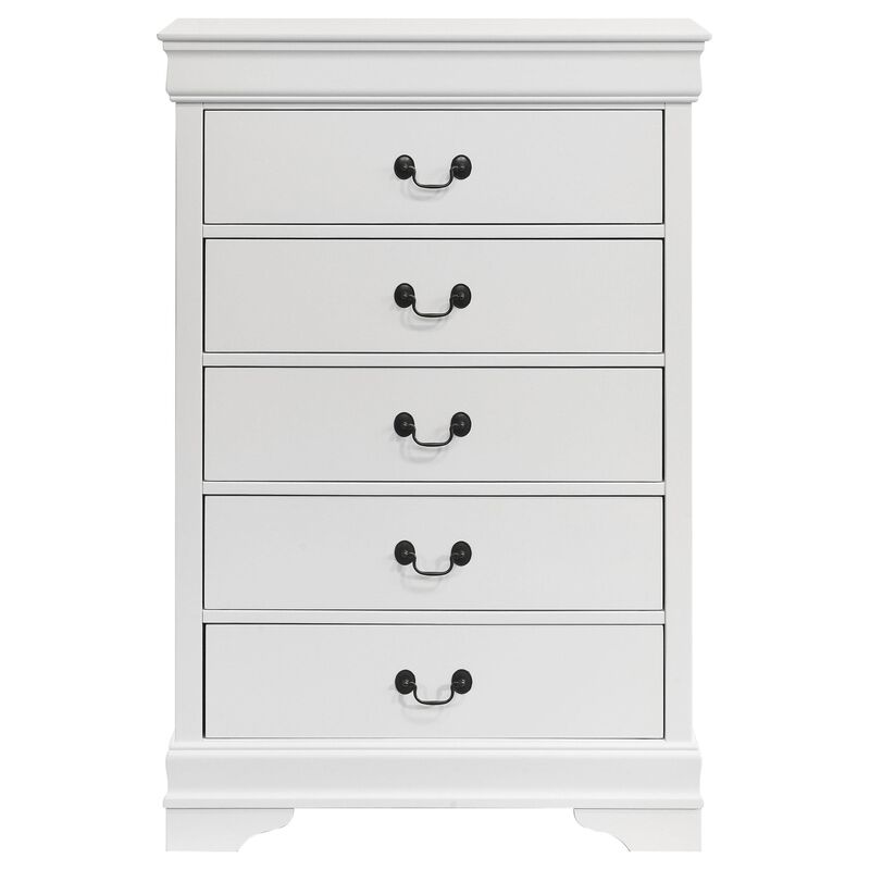 Nim Tall Dresser Chest, 5 Storage Drawers, Classic White Molded Trim - Benzara