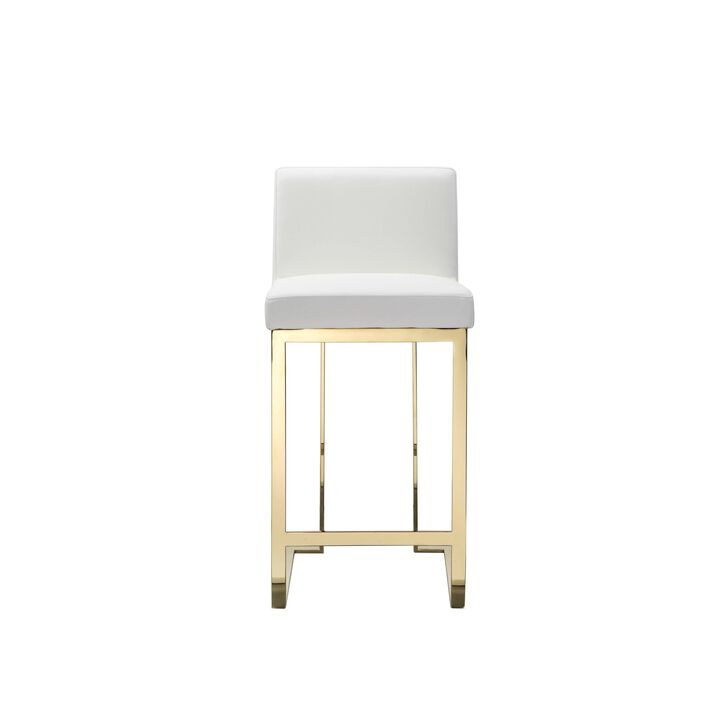 Boly 26 Inch Counter Stool, Cushioned White Faux Leather, Gold Cantilever - Benzara