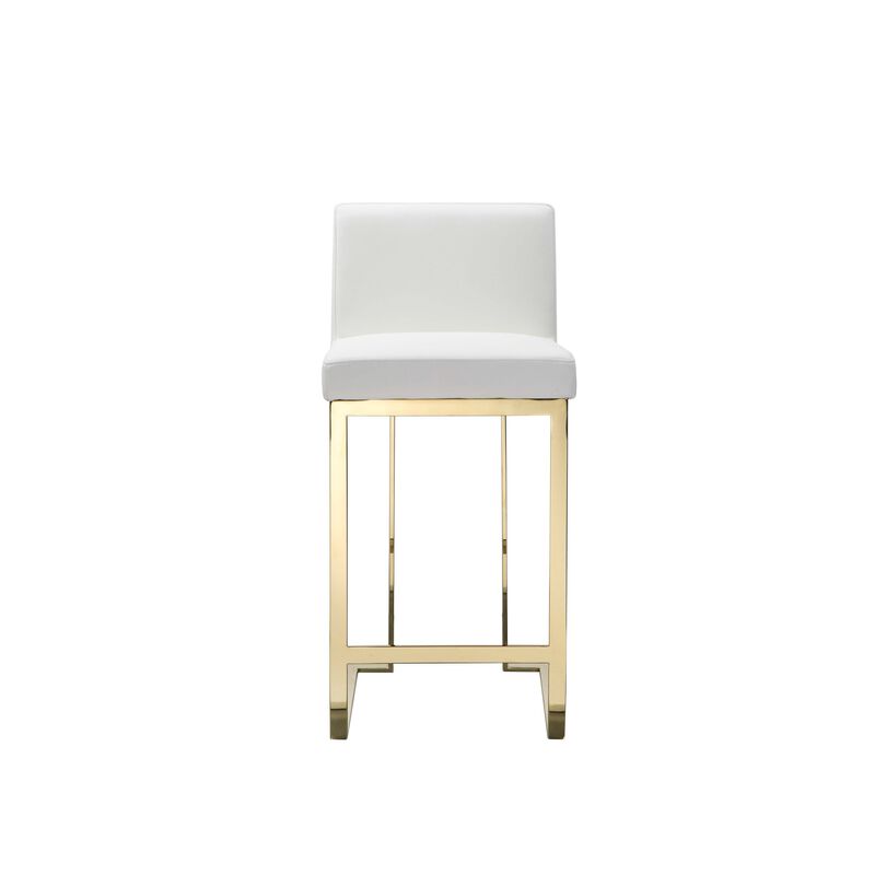 Boly 26 Inch Counter Stool, Cushioned White Faux Leather, Gold Cantilever - Benzara