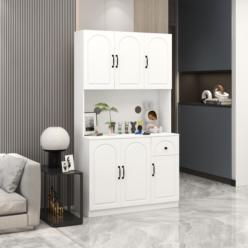White Wood 39.76 in. Pantry Cabinet with Microwave Oven Countertop