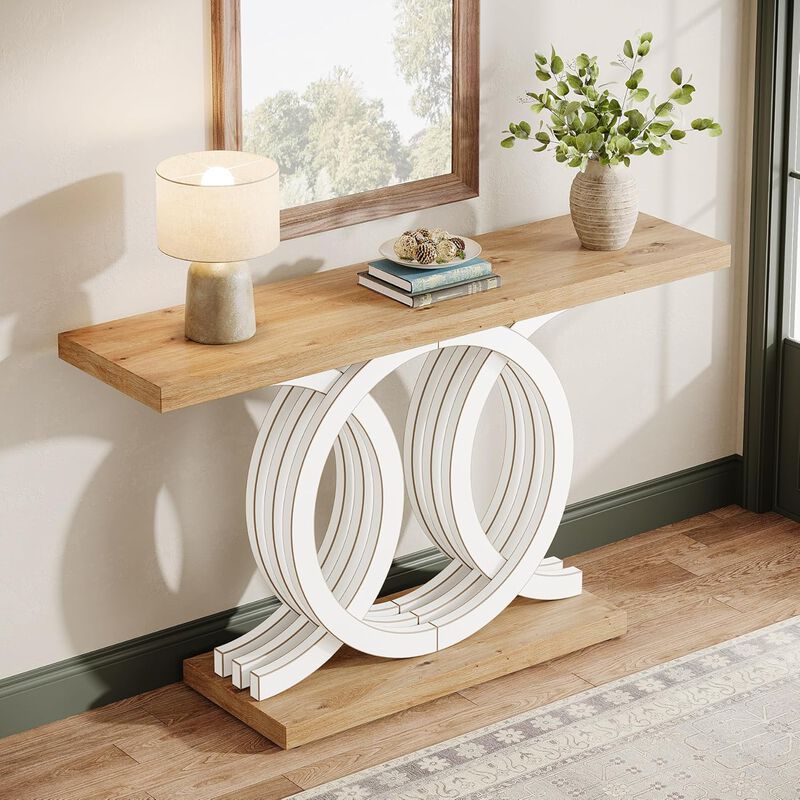 Console Table with Geometric Base, Modern Hallway Table, Wooden Entryway Table, Foyer Sofa Table, Unique Long Accent Table for Decoration, Deck Boxes