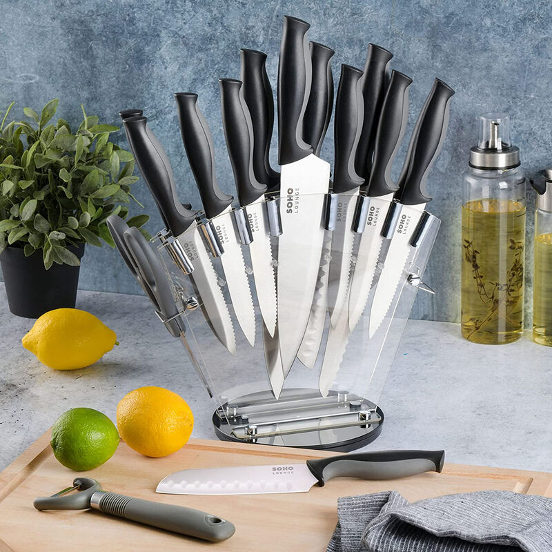 Gibson Soho Lounge 16 Piece Stainless Steel Cutlery Knife Set in Black With Acrylic Stand
