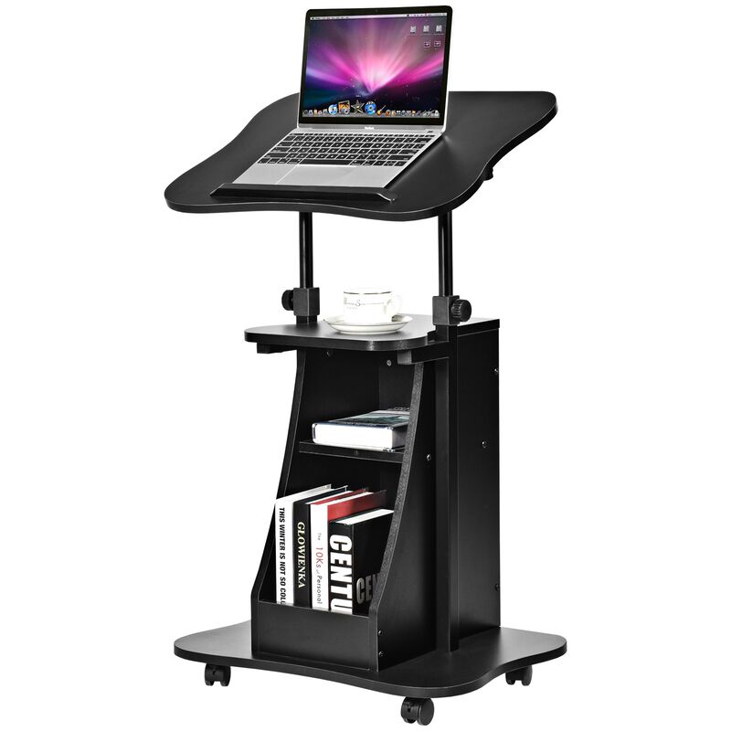 Mobile Podium Stand Height Adjustable Laptop Cart with Tilting Tabletop and Storage Compartments