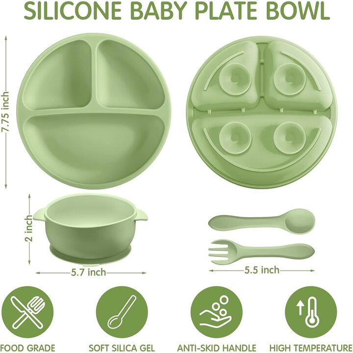 9-Piece Silicone Baby Feeding Set – Suction Plates & Bowls with Spoon & Fork, Microwave & Dishwasher Safe, Matte Colors