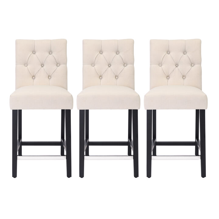 WestinTrends 24" Linen Fabric Tufted Upholstered Counter Stool (Set of 3), Black