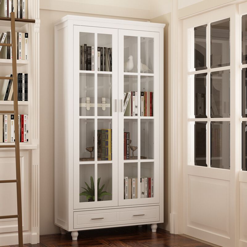 70.9"H Modern White Bookcase With Adjustable Shelves And Glass Doors