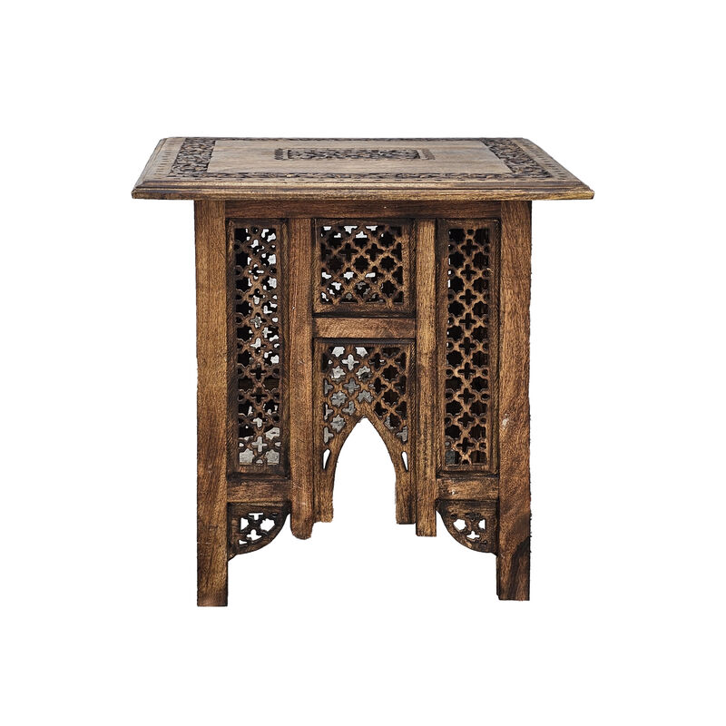 21 Inch Boho Side End Table, Floral Carved Details, Foldable Panel Legs, Natural Walnut Brown - Benzara