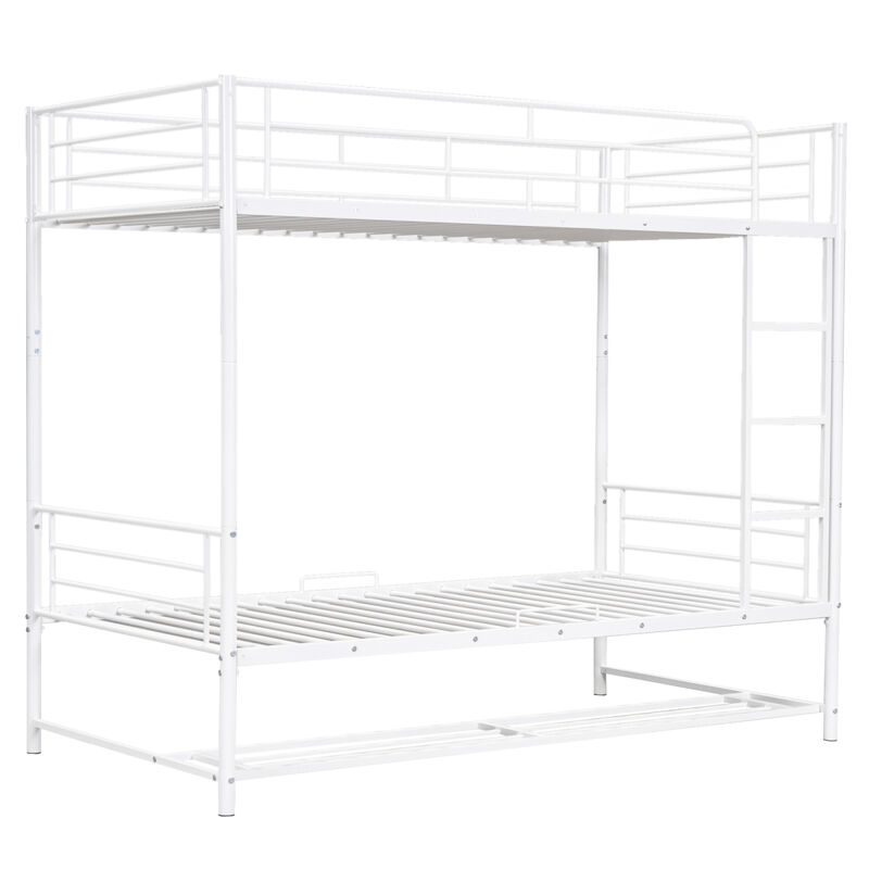 Twin Over Twin Metal Bunk Bed With Shelf And Guardrails, White