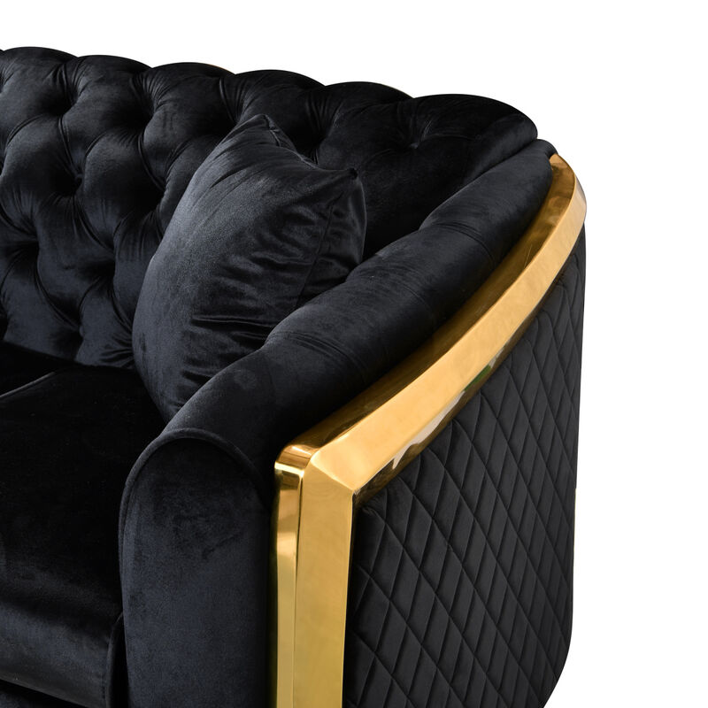 Tufted Velvet Sofa Set, Black with Gold Stainless