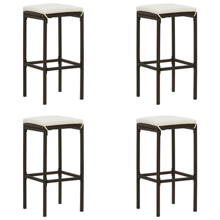 Vian Outdoor Barstool Set of 4, Brown Poly Rattan, Cream Polyester - Benzara