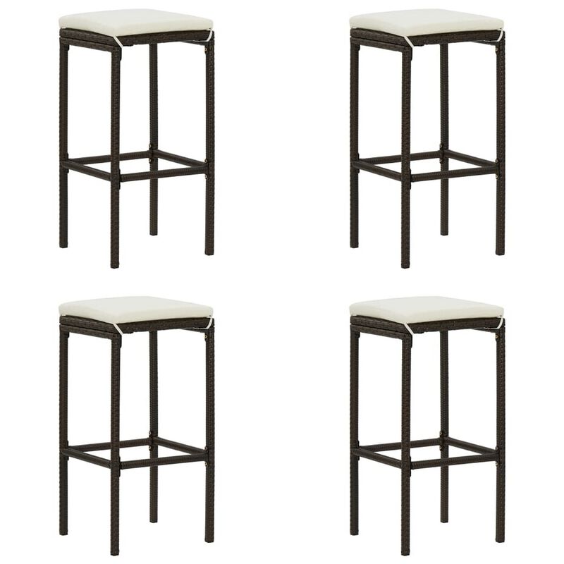 Vian Outdoor Barstool Set of 4, Brown Poly Rattan, Cream Polyester - Benzara
