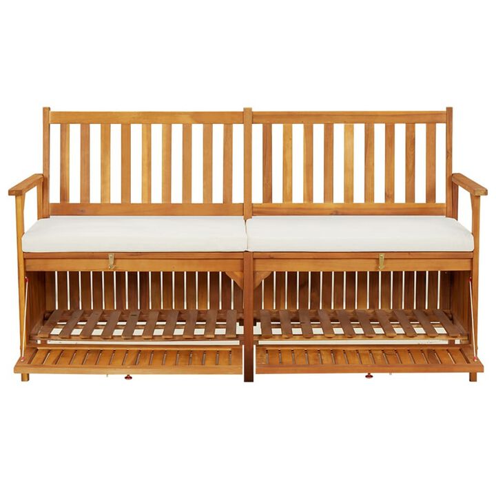 Outdoor Storage Bench, 58 Inch Brown Acacia Wood, Cream White Cushion - Benzara