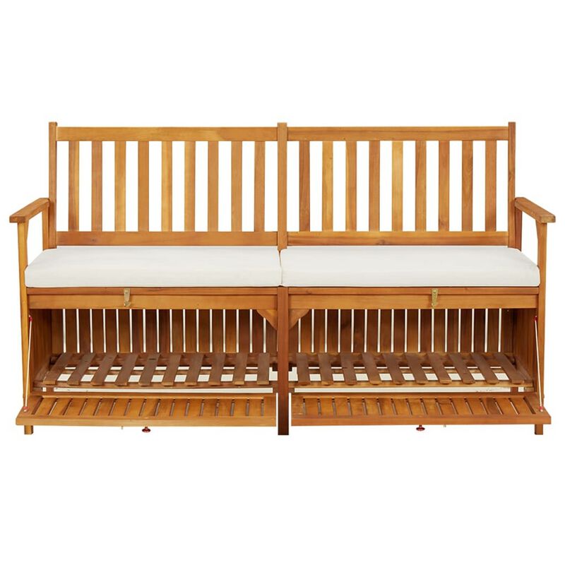 Outdoor Storage Bench, 58 Inch Brown Acacia Wood, Cream White Cushion - Benzara