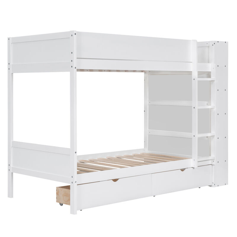 Twin Over Twin Bunk Bed With 2 Drawers And Multilayer Cabinet, White