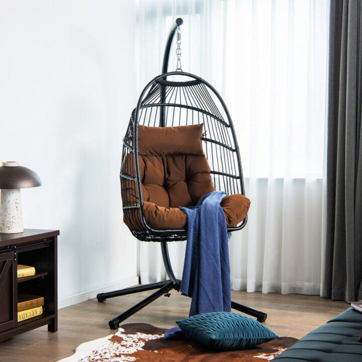 Hivvago Patio Hanging Egg Chair with Stand Waterproof Cover and Folding Basket