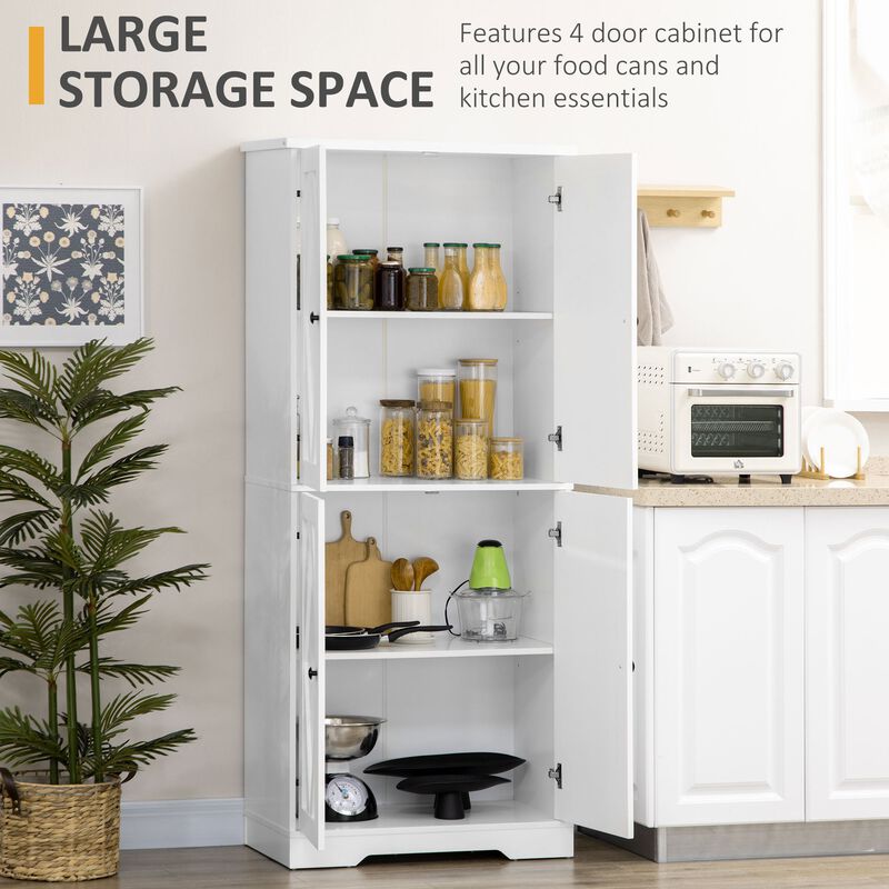 White Kitchen Organizer: 71" Farmhouse Pantry with 4 Doors & Adjustable Shelves