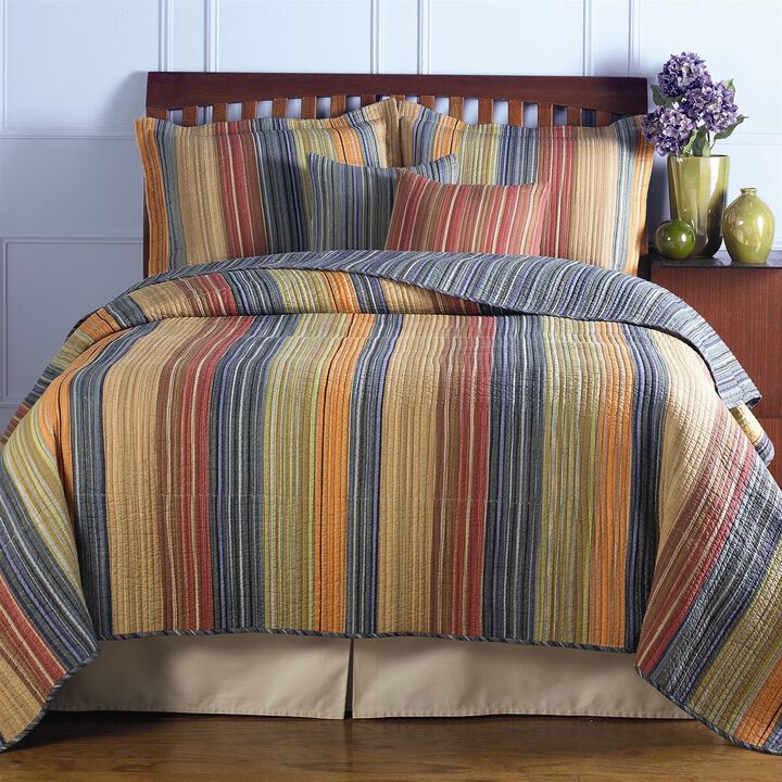 Hivvago Full / Queen 100% Cotton Quilt Set with Red Orange Blue Brown Stripes