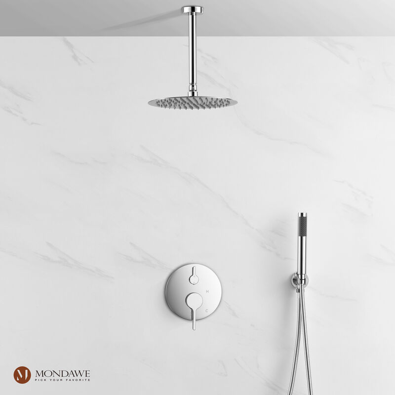 Mondawe Round 1-Spray Patterns Balance Valve Shower Faucets Set with 2.5 GPM Ceiling Mount Dual Shower Heads in Chrome