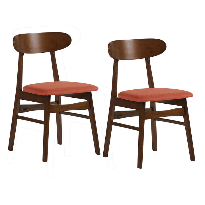 Bev 20 Inch Set of 2 Dining Chairs, Orange Cushions, Dark Brown Rubberwood - Benzara