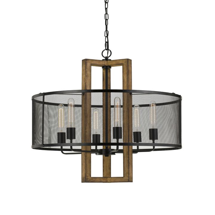 60 X 6 Wooden Chandelier with Round Metal Mesh Shade, Black and Brown-Benzara