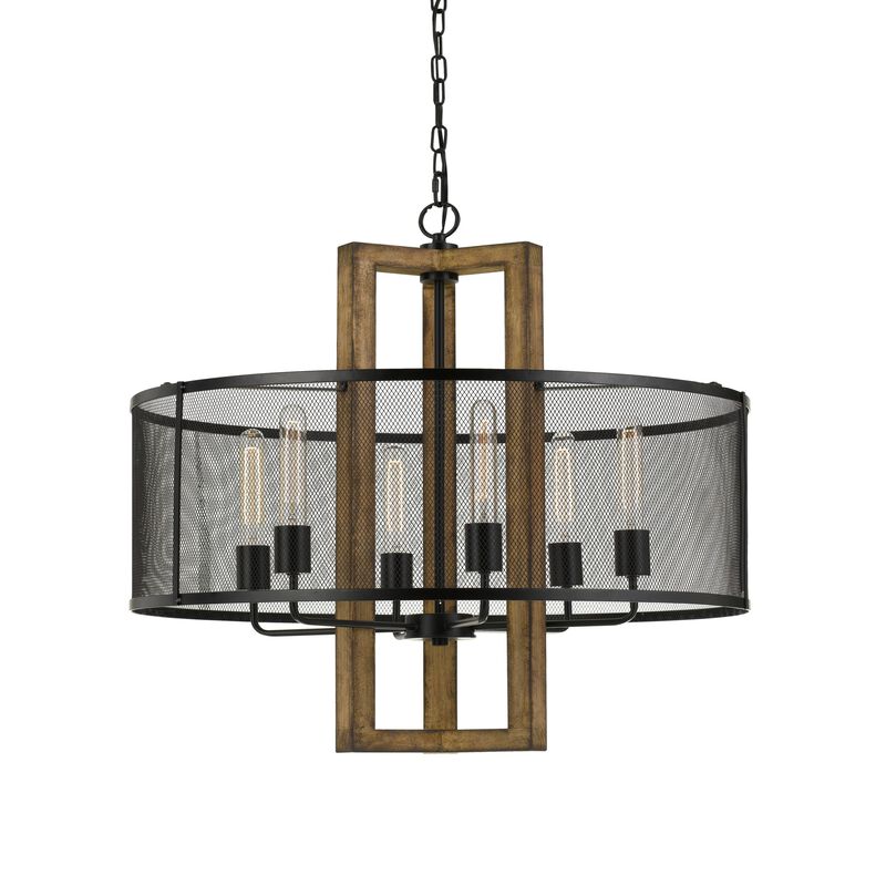 60 X 6 Wooden Chandelier with Round Metal Mesh Shade, Black and Brown-Benzara