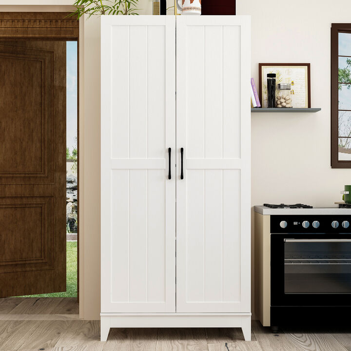 White Wood 31.5 in. W Buffet Kitchen Wine Cabinet With Double Doors, Pull-out Wine Rack, Drawers