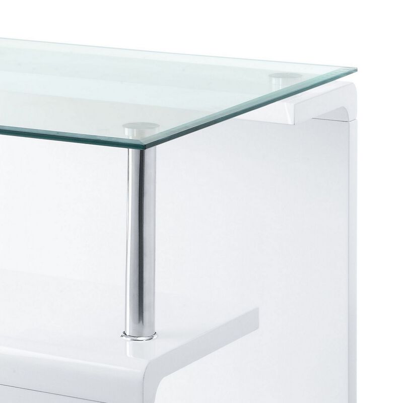 24 Inch Square Accent End Table, Glass Top, Open Shelf, White, Chrome-Benzara