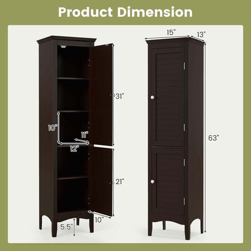 Tall Bathroom Floor Cabinet with Shutter Doors and Adjustable Shelf