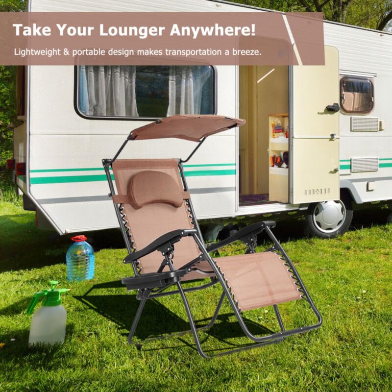 Hivvago Folding Recliner Lounge Chair with Shade Canopy Cup Holder
