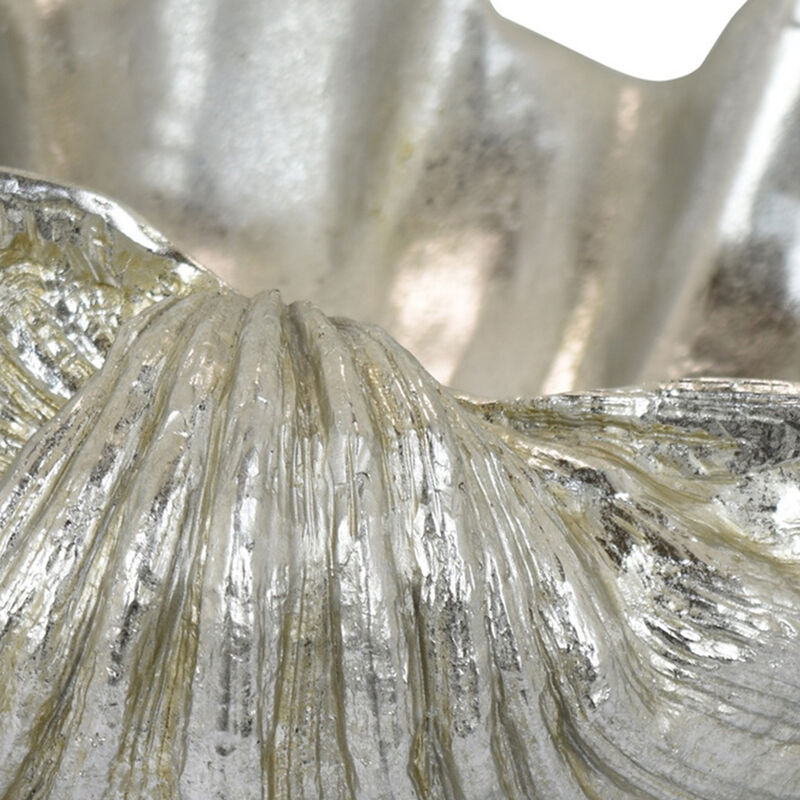 Coastal Seashell Decorative Bowl, Textured Chrome Silver Resin 19 Inch - Benzara