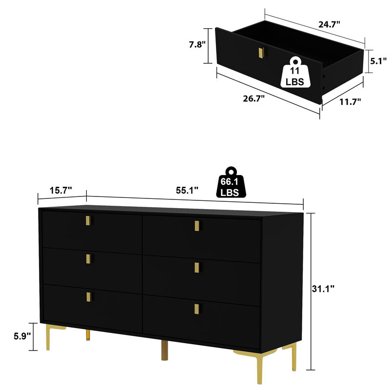 6-Drawer Black Wooden Chest of Drawers Dresser Modern Style Storage Cabinet (55.1 in. W x 31.1 in. H x 15.7 in. D)