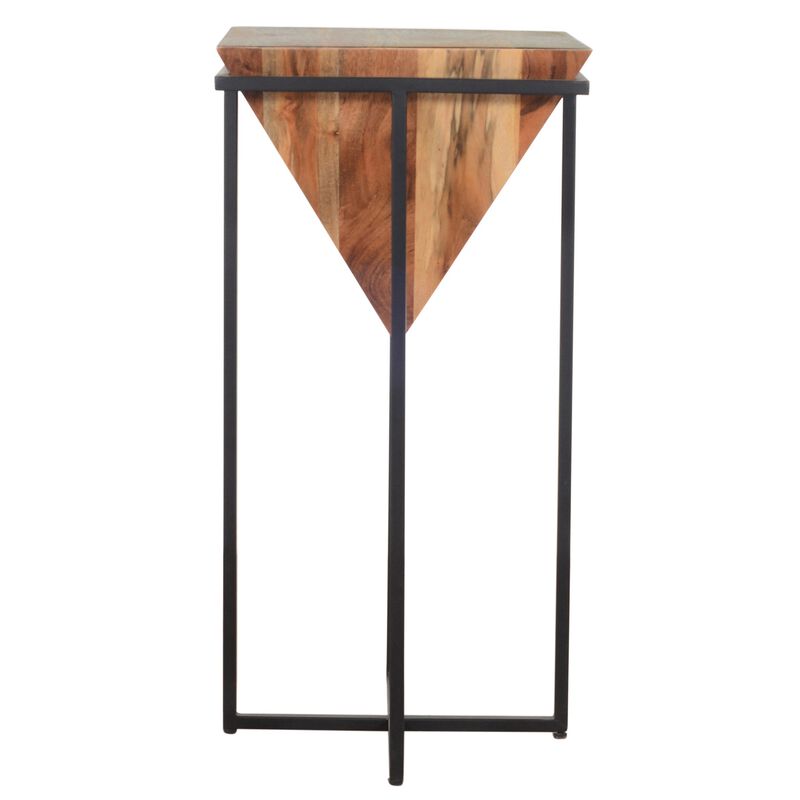 30 Inch Pyramid Shape Wooden Side Table With Cross Metal Base, Brown and Black-Benzara