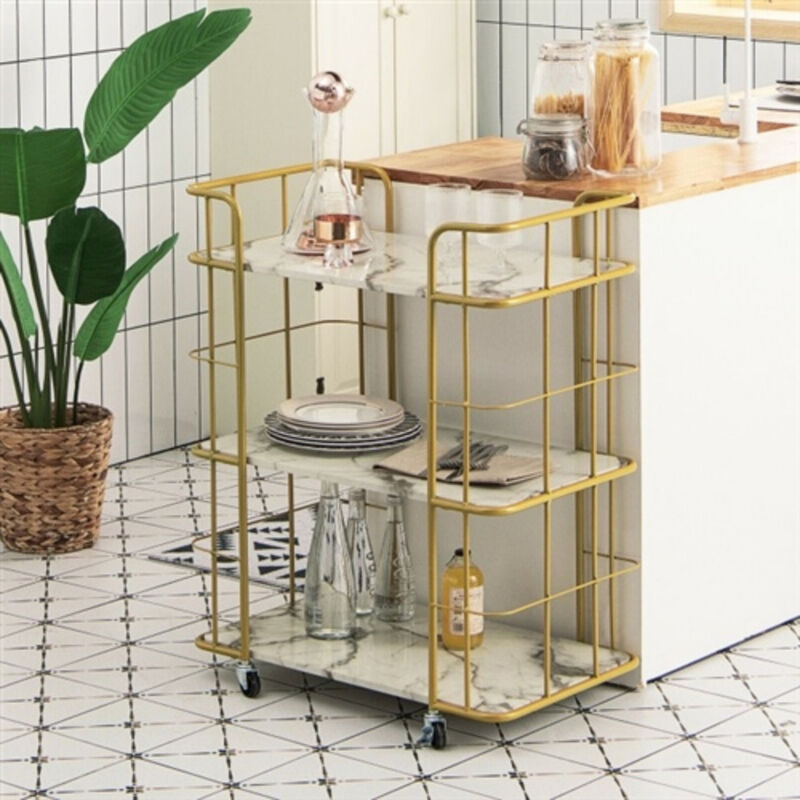 3-Tier Gold Bar Cart with Faux Marble Shelves and Rolling Wheels