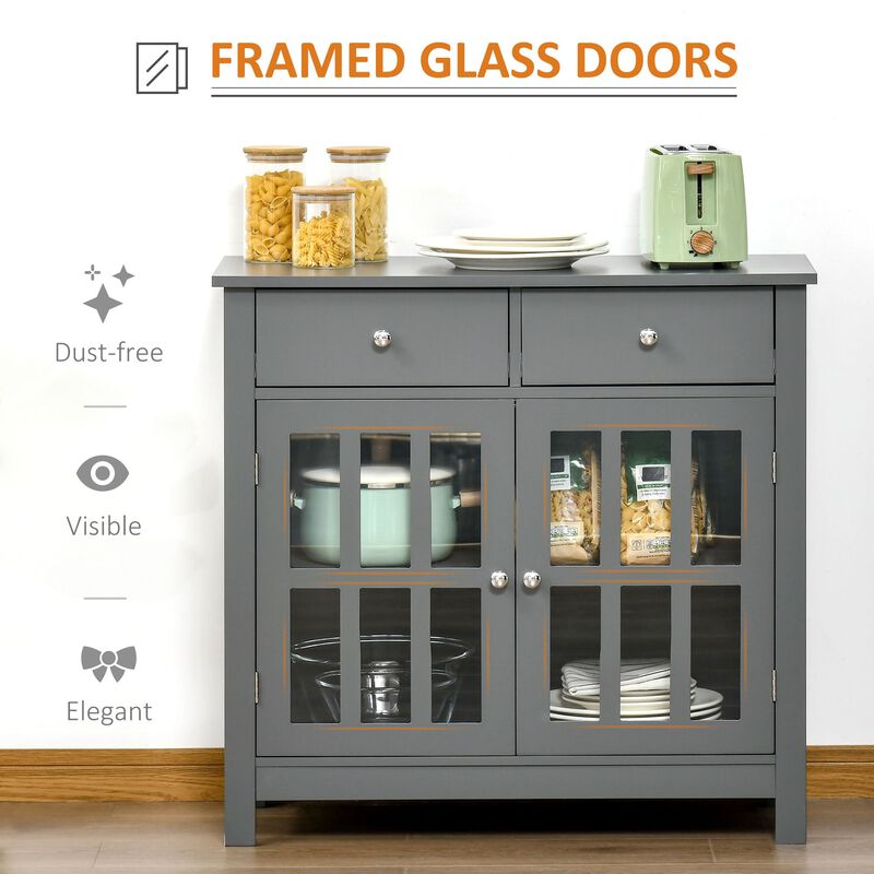 Gray Dining Storage: Sideboard Cabinet with Glass Doors and Drawers