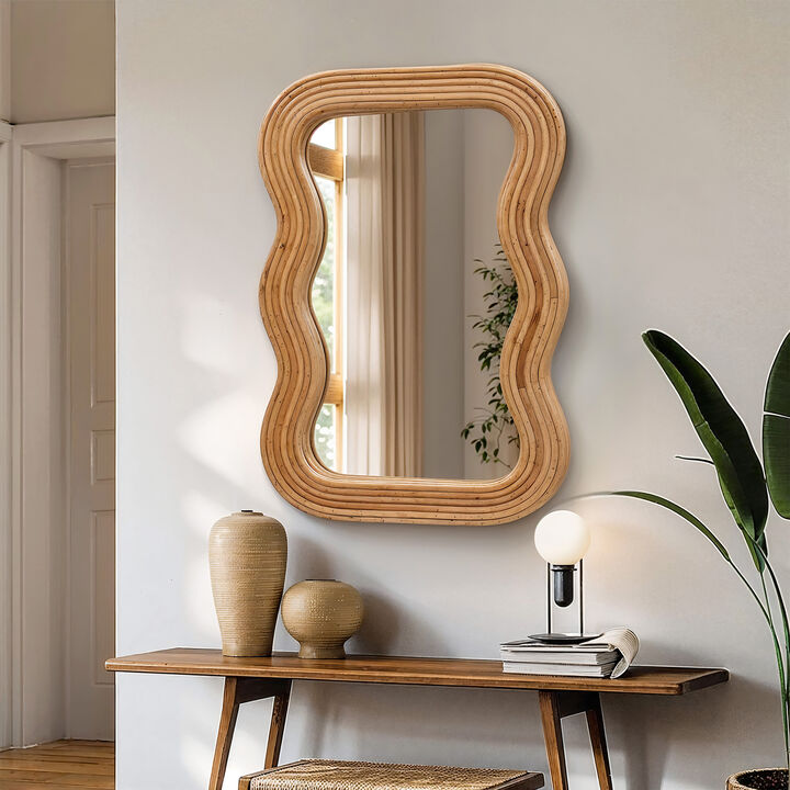 LuxenHome 39-Inch Tall Rectangular Natural Cork Wood Wavy Frame Accent Wall Mirror