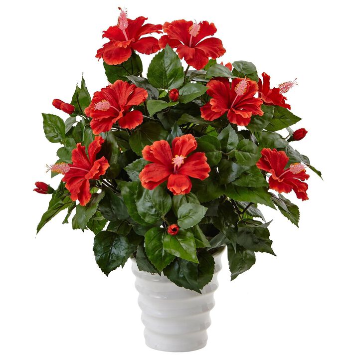 Nearly Natural 22-in Hibiscus in Swirl Planter