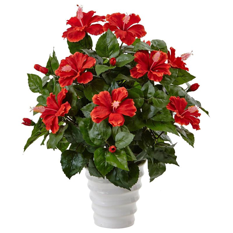 Nearly Natural 22-in Hibiscus in Swirl Planter