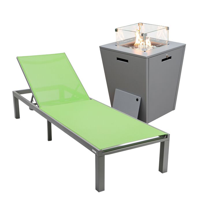 LeisureMod Marlin Modern Black Aluminum Outdoor Patio Chaise Lounge Chair in Grey Frame with Square Fire Pit Side Table