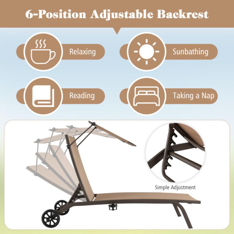 Hivvago Patio Heavy-Duty Adjustable Chaise Lounge Chair with Canopy Cup holder and Wheels-Brown