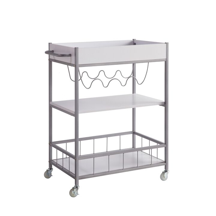 Kelcy 34 Inch Modern Kitchen Bar Cart, 3 Shelves, Wine Rack, Wheels, White - Benzara