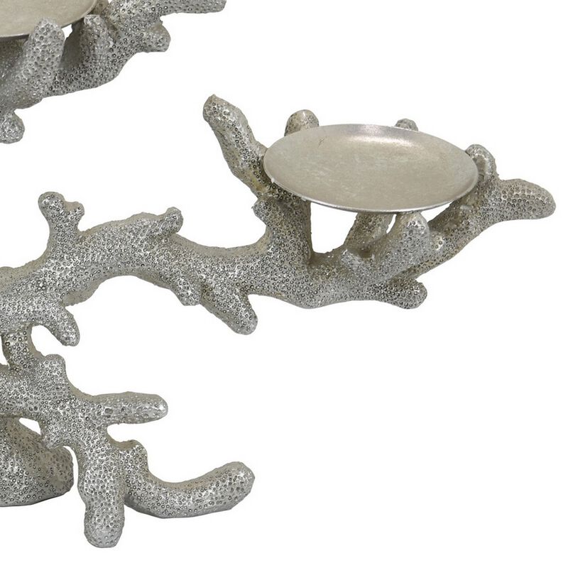 Coral Decor with 3 Round Candle Holders, Natural Silver Resin, 21 Inch - Benzara