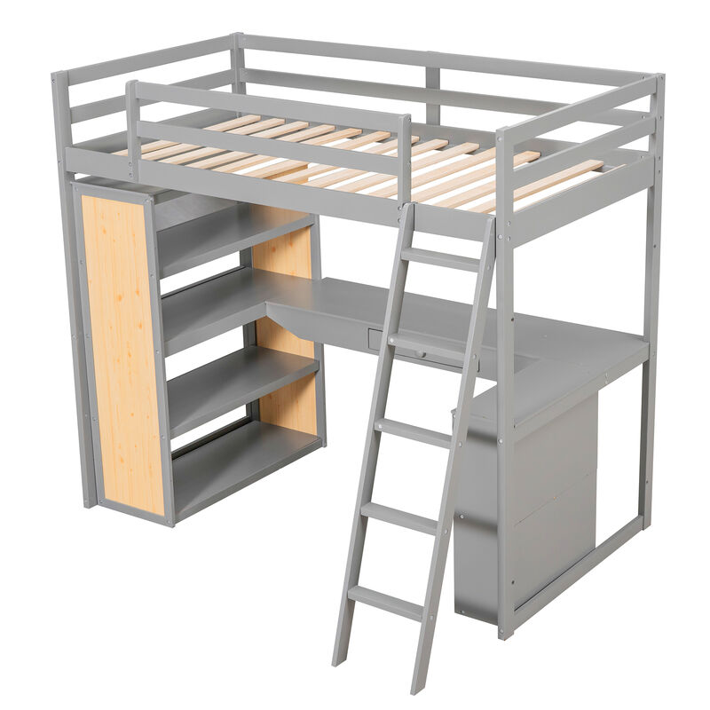 Merax Twin Size Loft Bed with Ladder, Shelves, and Desk