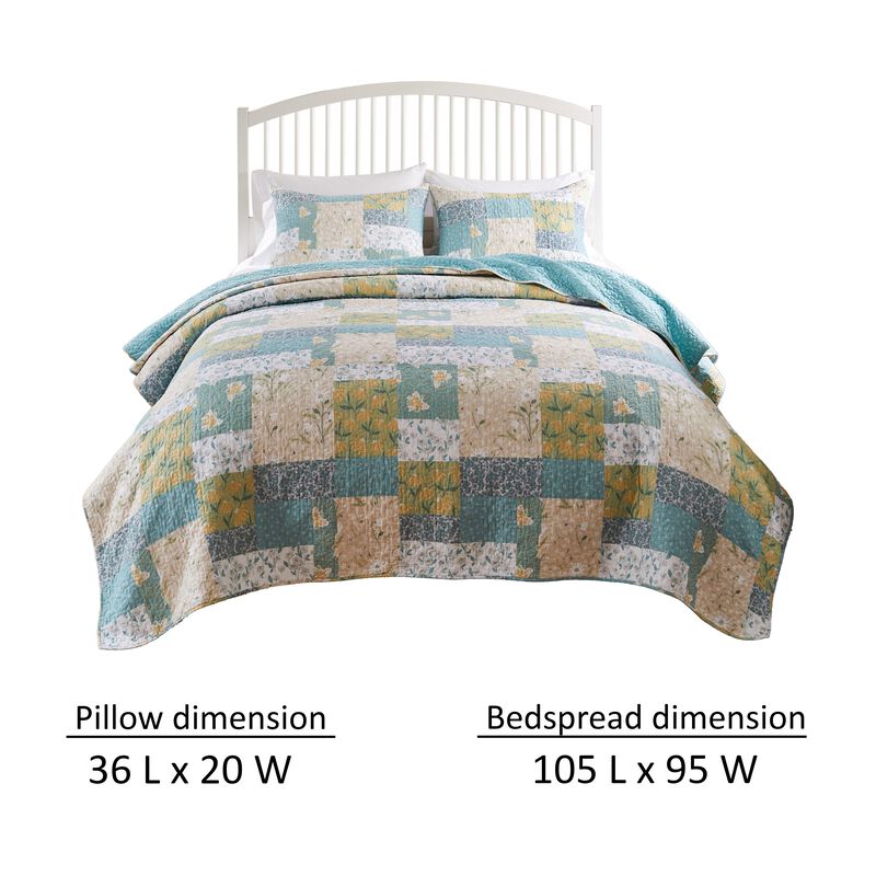 Evane 3pc King Quilt Set, Shams, Soft Floral Mist Blue and White Cotton