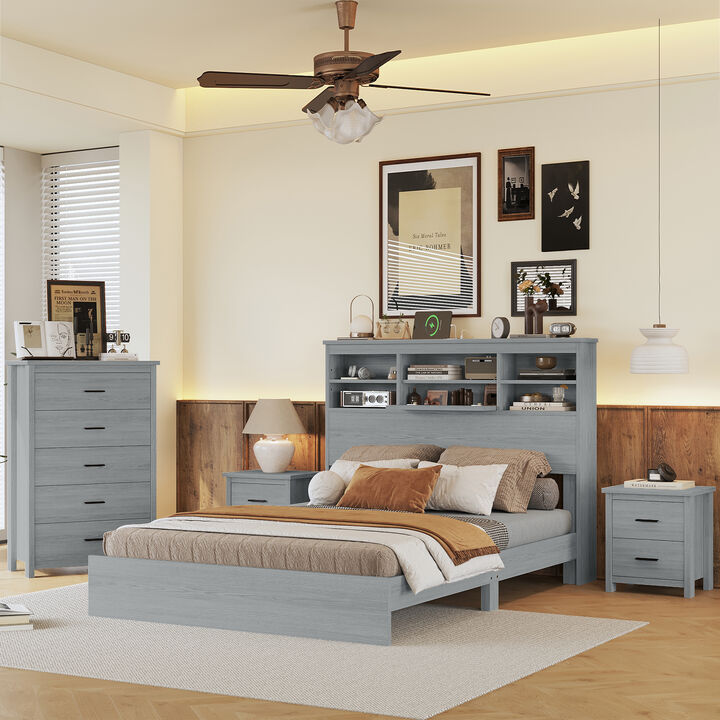 Queen Size Vintage Gray 4-Pc Bedroom Set Bed Frame, 2 Nightstands, & Dresser