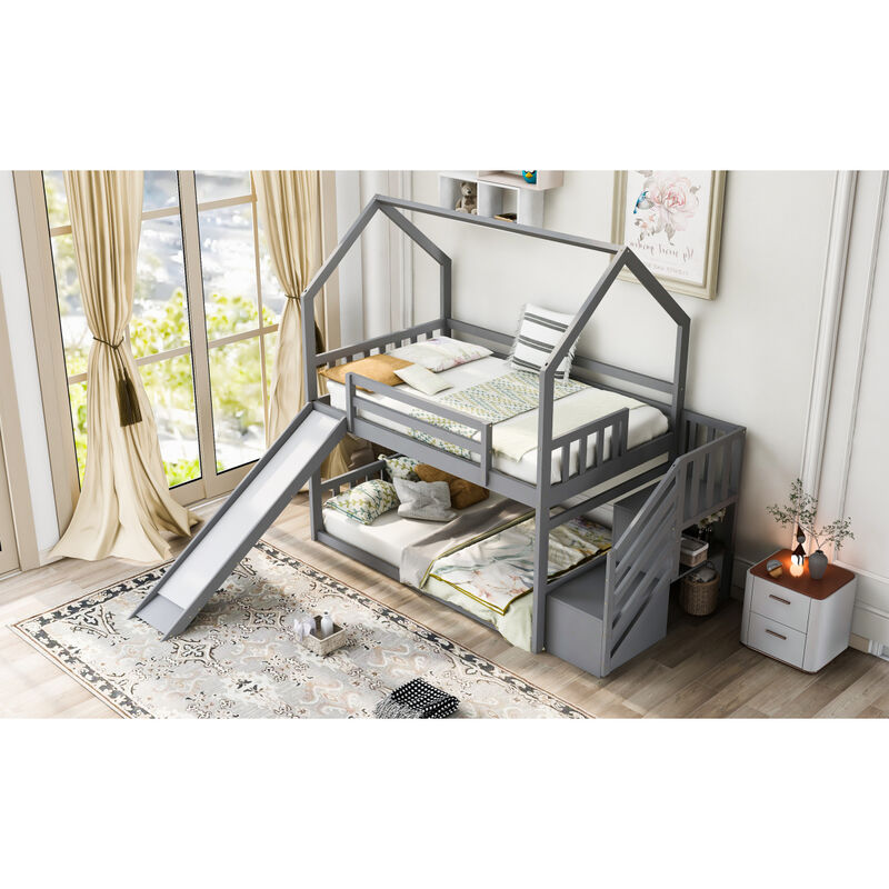 Twin Over Twin House Bunk Bed With Convertible Slide, Storage Staircase