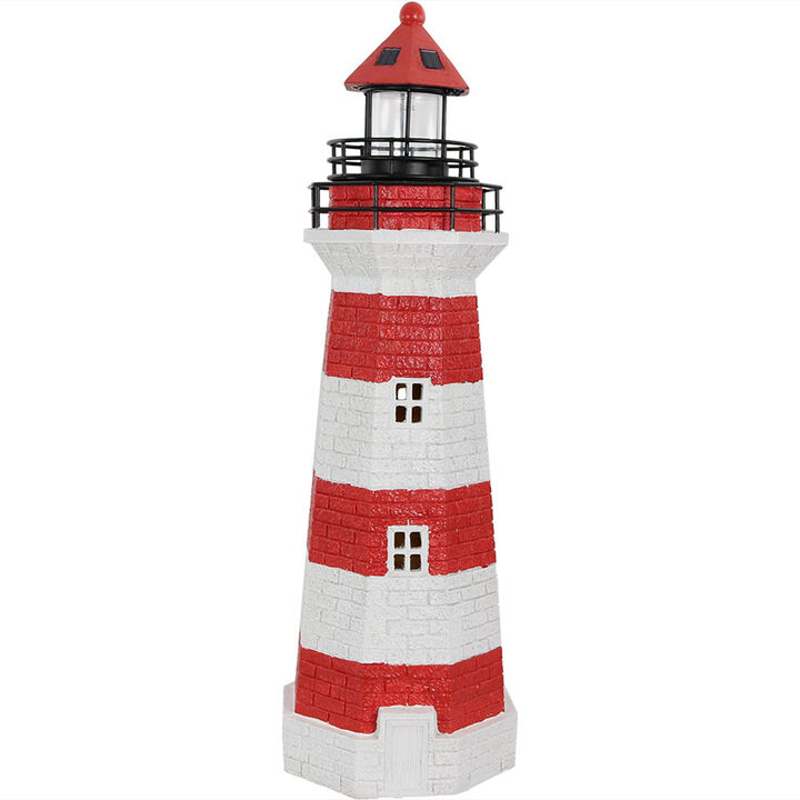 Sunnydaze 36 in Resin and Metal Striped Solar LED Lighthouse Statue