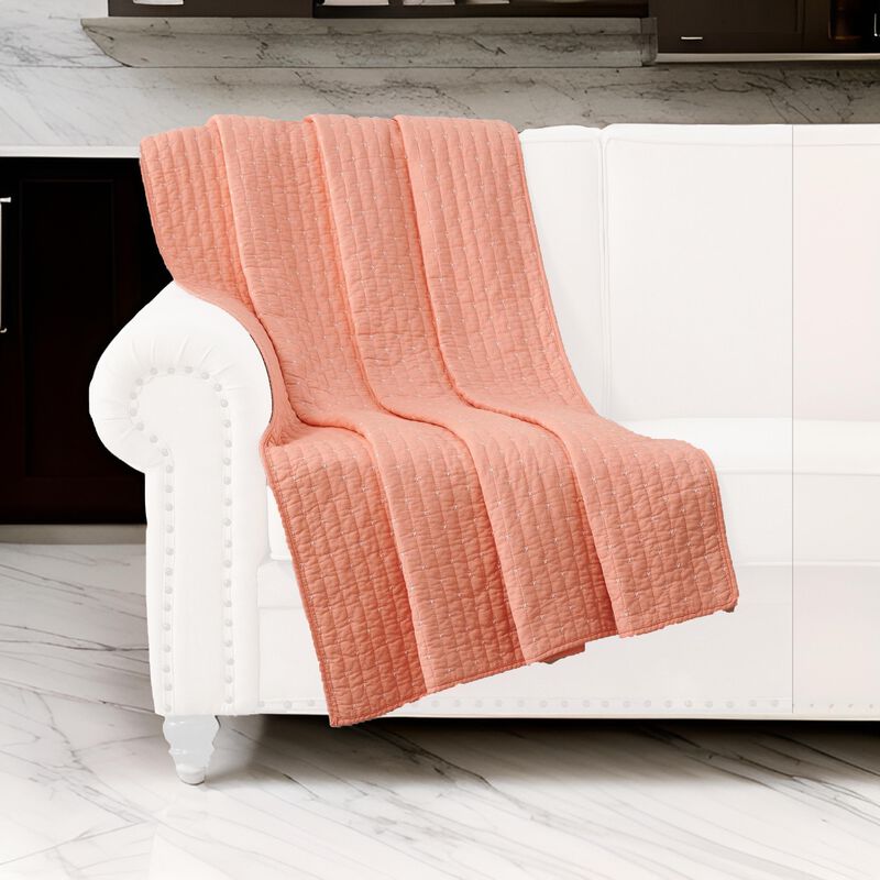 Xumi 50 x 60 Inch Quilted Throw Blanket, Channel Details, Coral Pink - Benzara