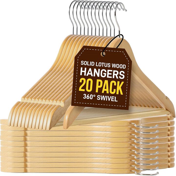 Wooden Hanger Set - 20 Pieces Non-Slip Versatile Closet Space-Saving Hanger Set for Suit, Coat, Camisole, Jacket, Pants, and Dresses with Rotating Swivel Hook - Natural Wood