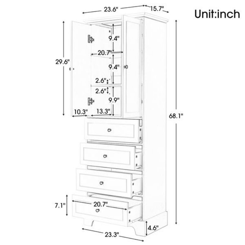 Bathroom Storage Cabinet with Adjustable Shelf, 2 Doors, and 4 Drawers