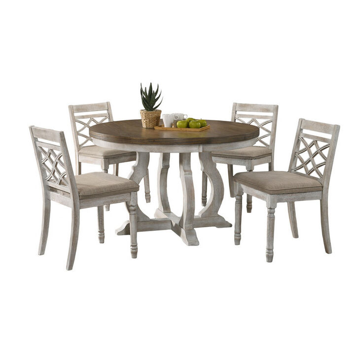 5 Piece Dining Table Set, 4 Ergonomic Chairs, Off White Upholstery, Brown - Benzara